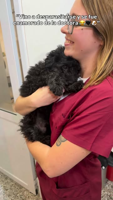 Veterinaria abrazando a un perro negro